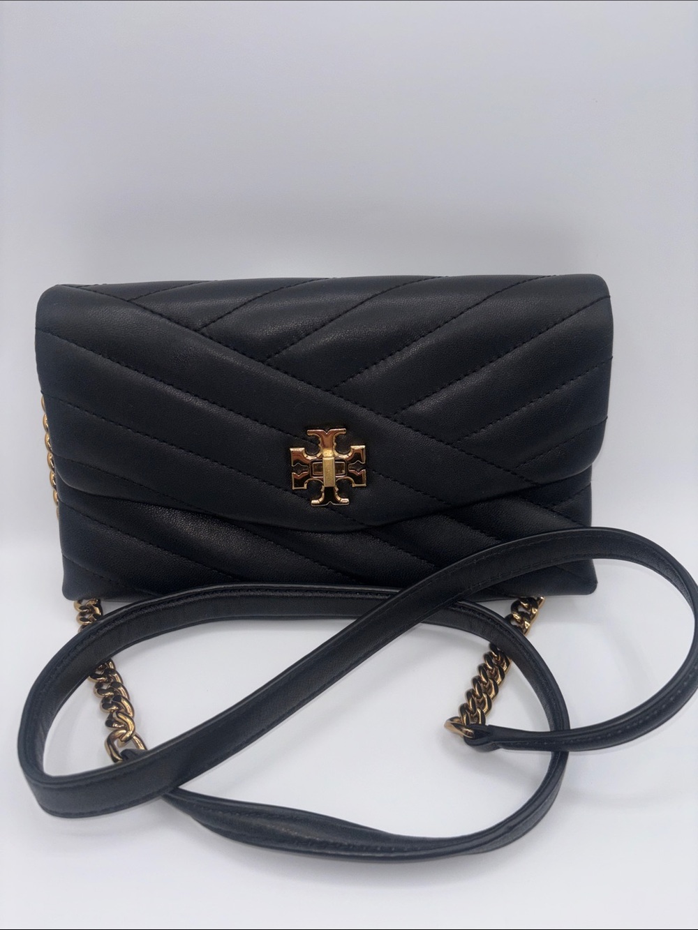 Tory Burch Black Quilted Chevron Leather Crossbody with Gold Logo
